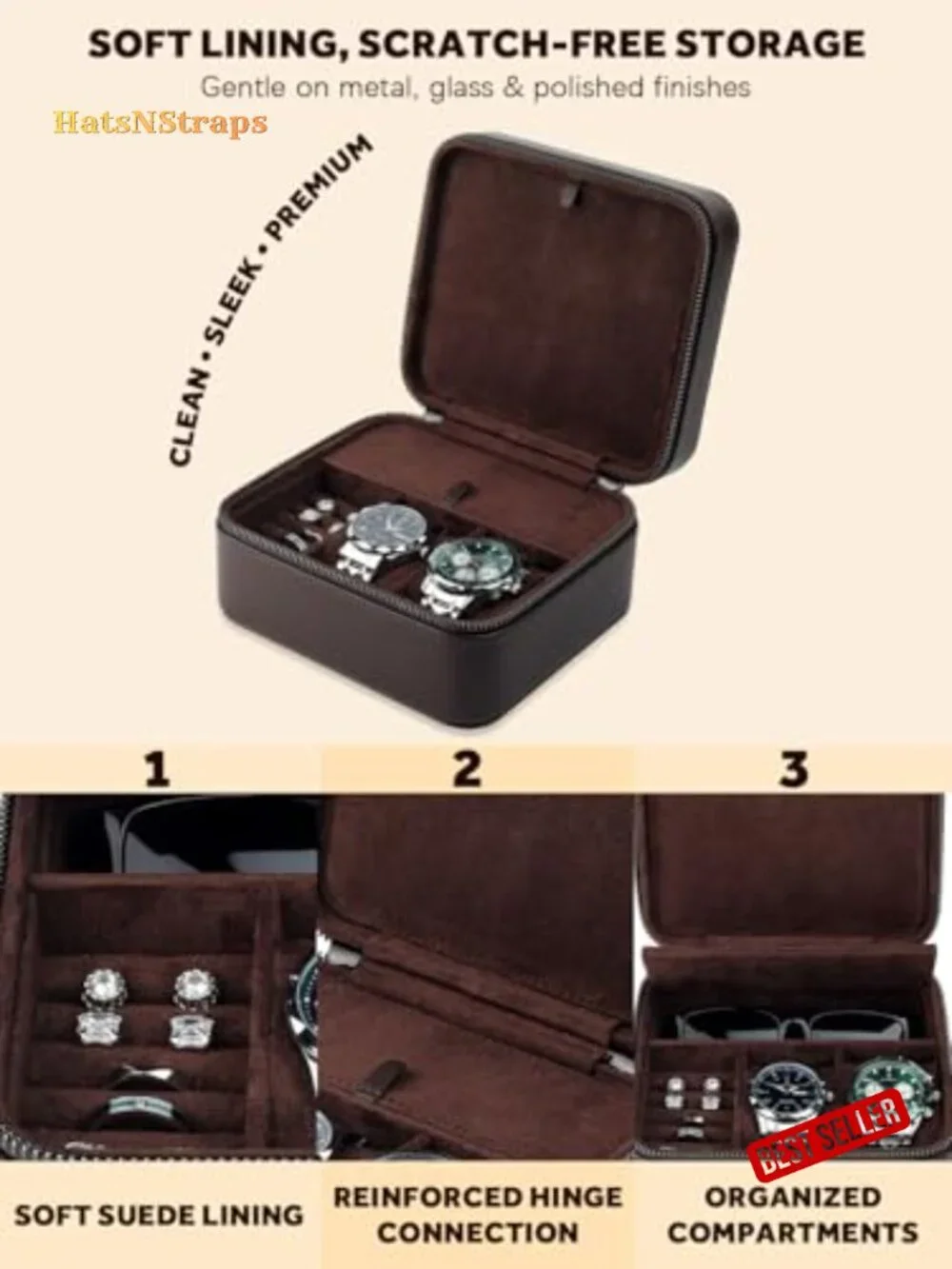 2-Slot Large Travel Watch Case for Men - PU Leather Watch Box with Suede